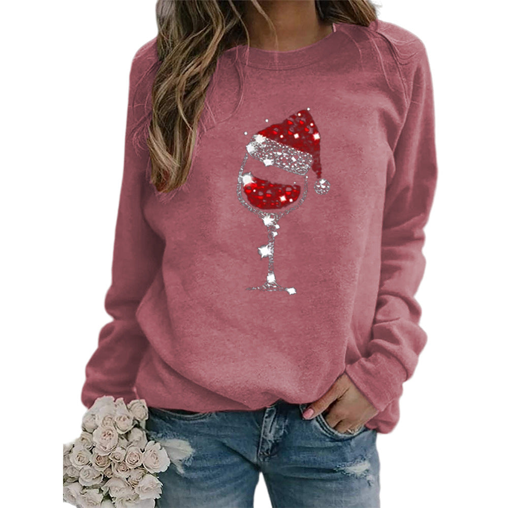 Clothing Christmas Women's Sweater Christmas Hat Red Wine Glass Graphic Print Crew Neck Long-sleeved Sweater