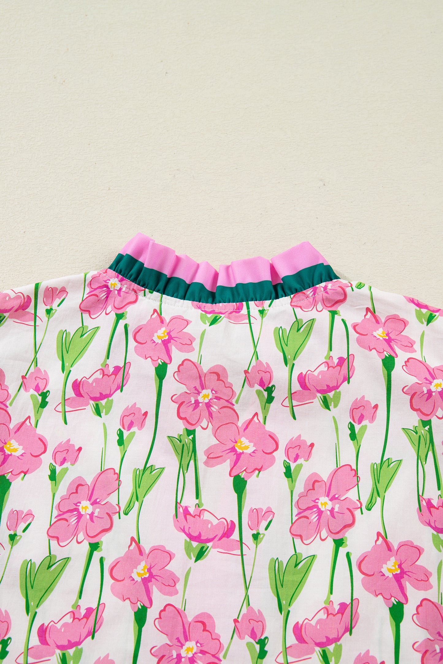 Pink Floral Print Contrast Trim V Neck Double Ruffled Short Sleeve Blouse