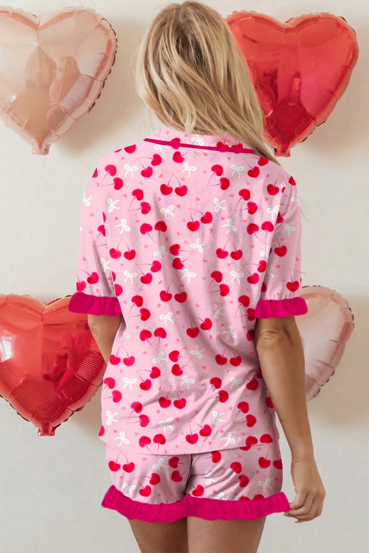 Rose Cherry Bow Mixed Print Scalloped Edge Short Pajama Set