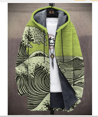 Men's Coat Printed Thickening Windproof Jacket Zipper Hooded