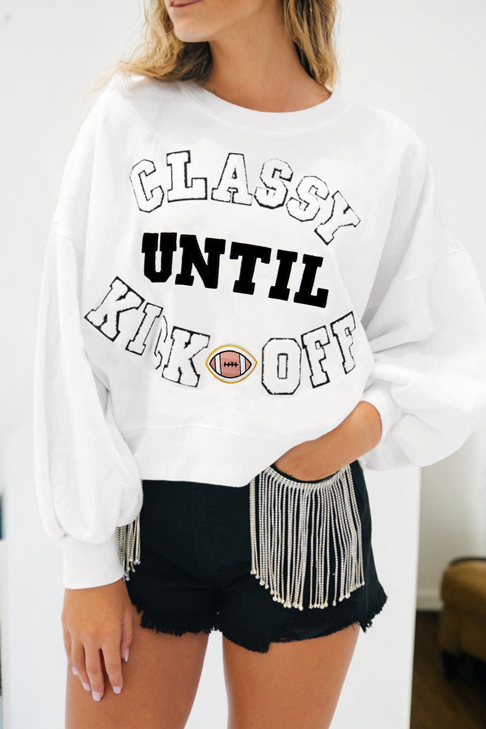White CLASSY UNTIL KICKOFF Plush Letter Patched Loose Sweatshirt