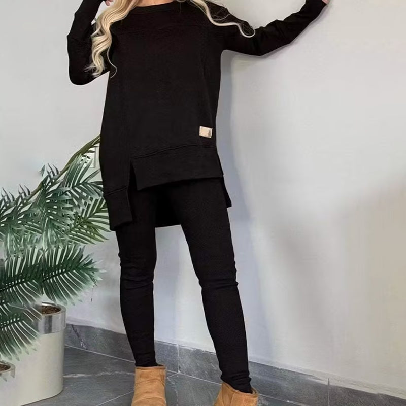 Women's 2-Piece Lounge Set, Casual Long Sleeve Side Slit Sweatshirt Outfit With Stretchy High Waist Leggings