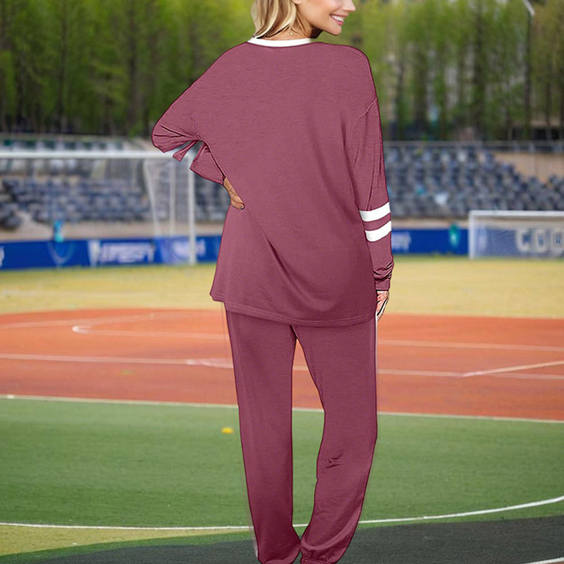 Women's Casual Striped Tracksuit Set, Long Sleeve Crewneck Sweatshirt And Drawstring Jogger Pants, 2-Piece Outfit For Spring And Fall