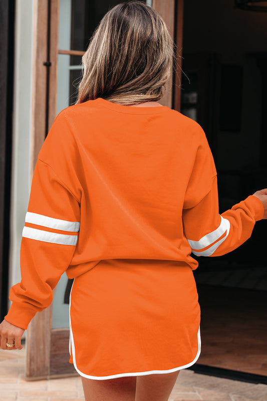 Orange Varsity Stripe Detail Drop Shoulder Pullover Mini Skort Set