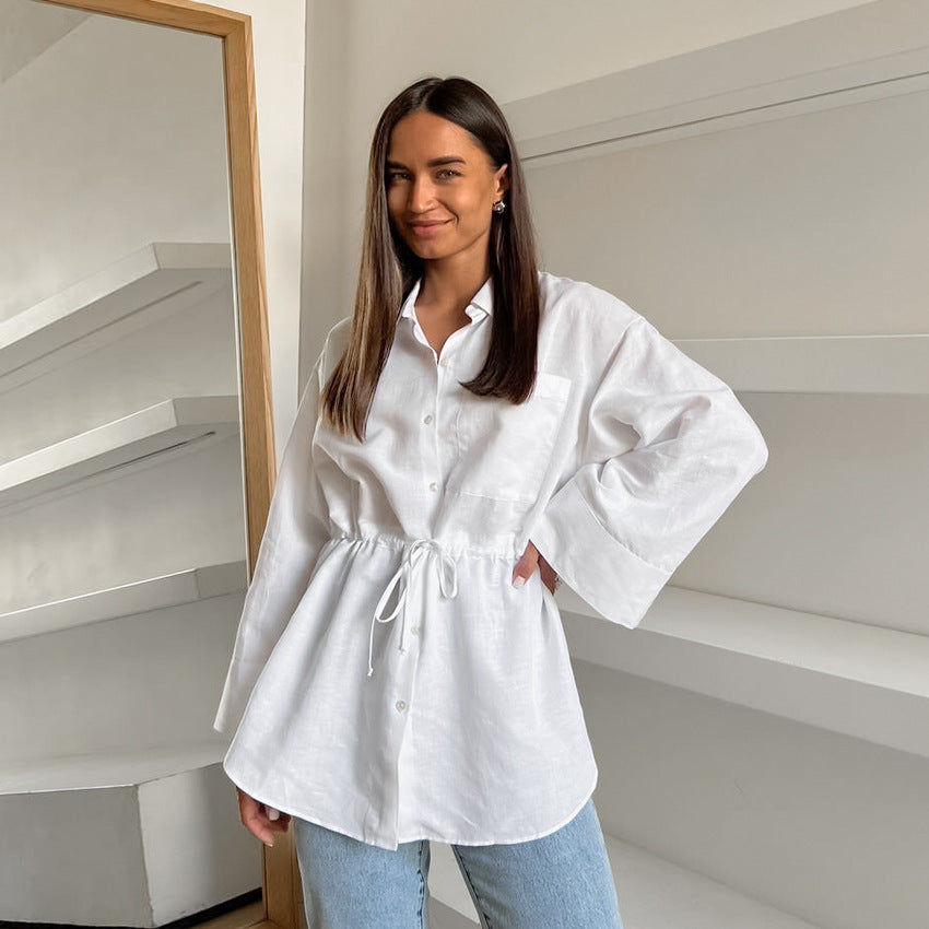 Women's Simple White Cotton And Linen Loose Lapels Shirt
