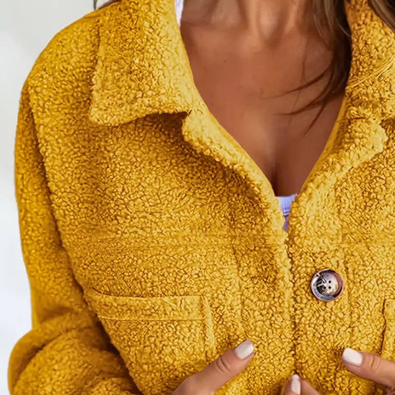 Plus Size Women's Solid Color Sherpa Jacket, Long Sleeve Lapel Single Breasted Fleece Coat With Pockets For Autumn Winter