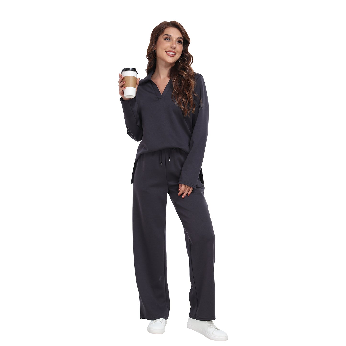 RONGTAI 2 Piece Outfits Sweatsuit For Women Casual Long Sleeve V Neck Pullover Tracksuit Solid Soft Comfy Tracksuits Set