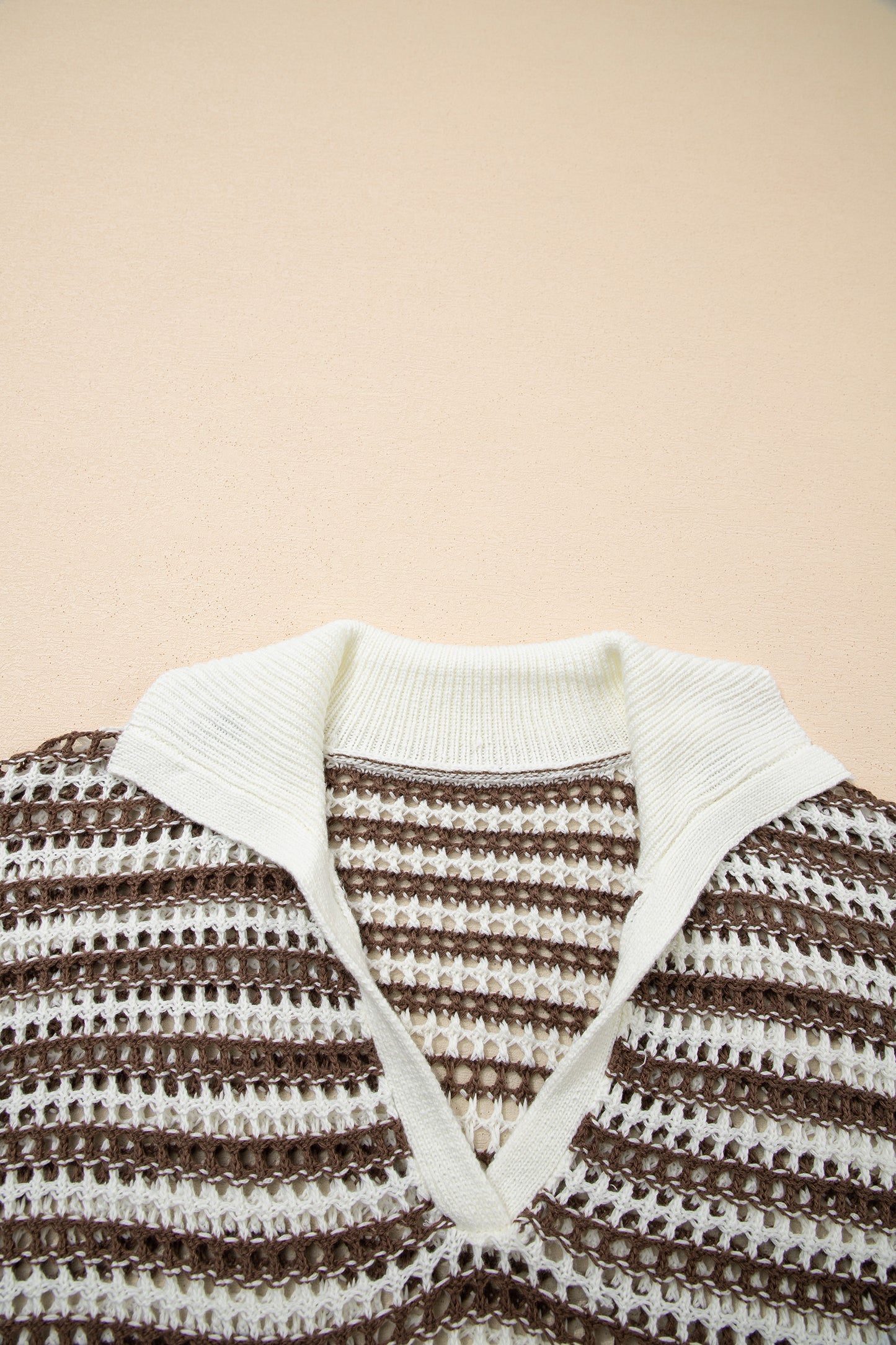 Brown Stripe Eyelet Hollow-out Contrast Collared Pullover Chic Sweater