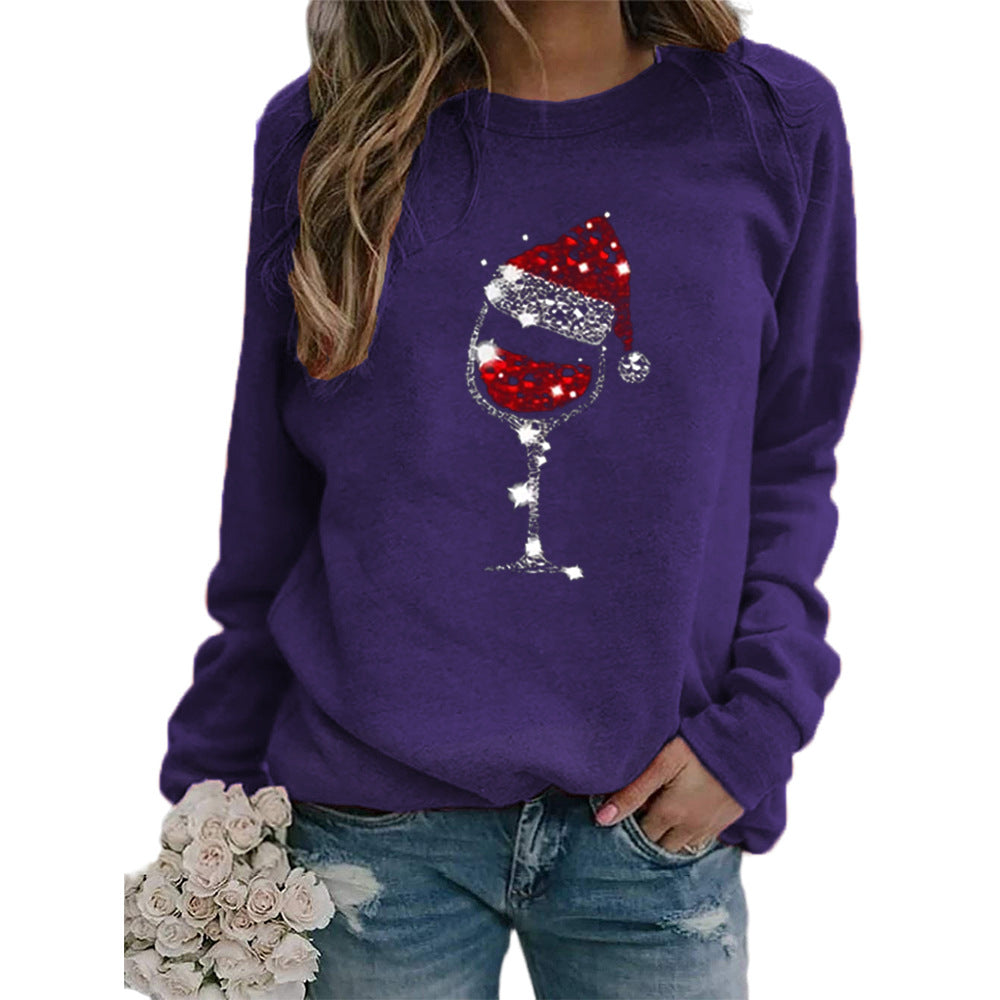 Clothing Christmas Women's Sweater Christmas Hat Red Wine Glass Graphic Print Crew Neck Long-sleeved Sweater