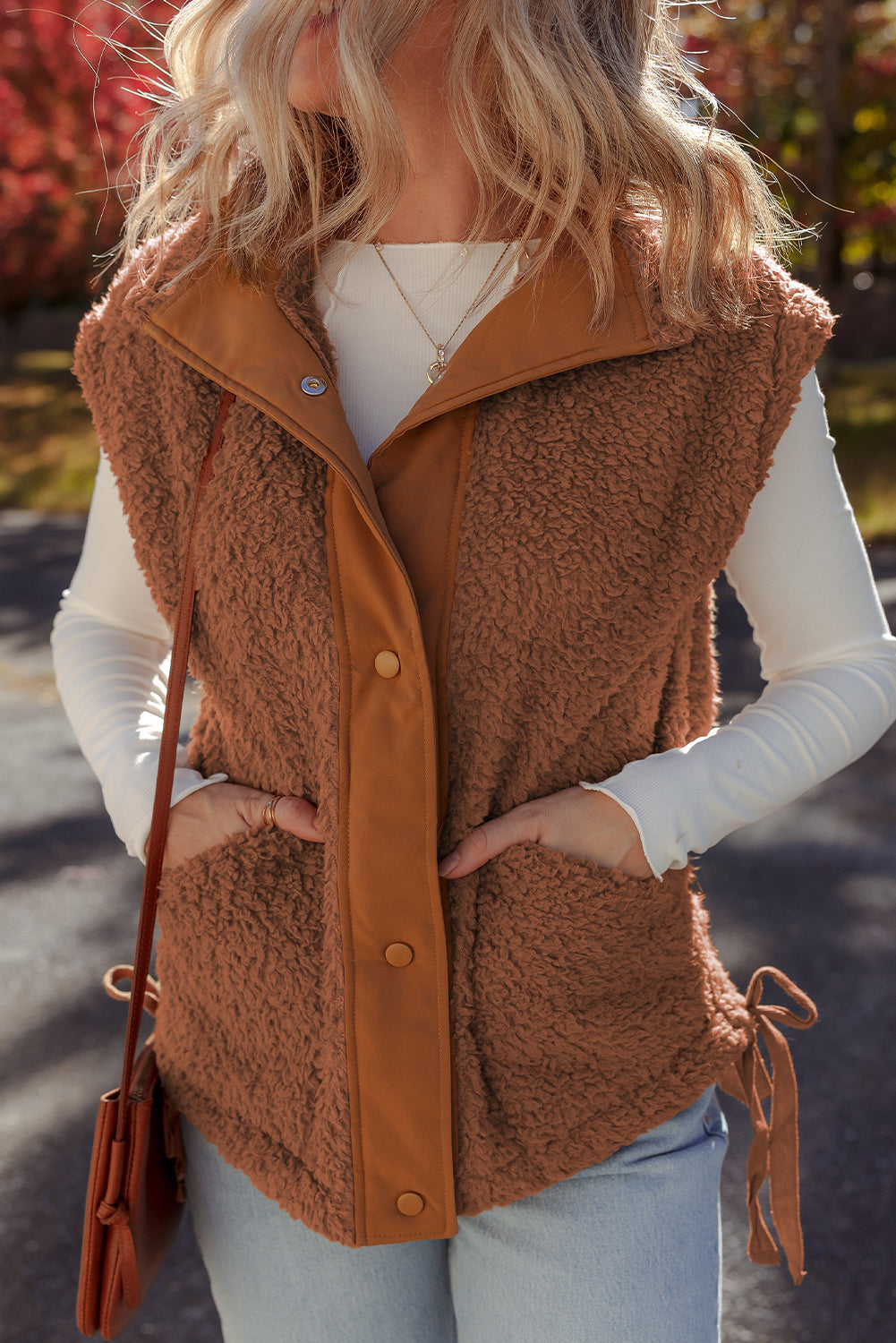 Cinnamon Faux Fur Snap Button Front Knot Side Plush Vest with Pockets