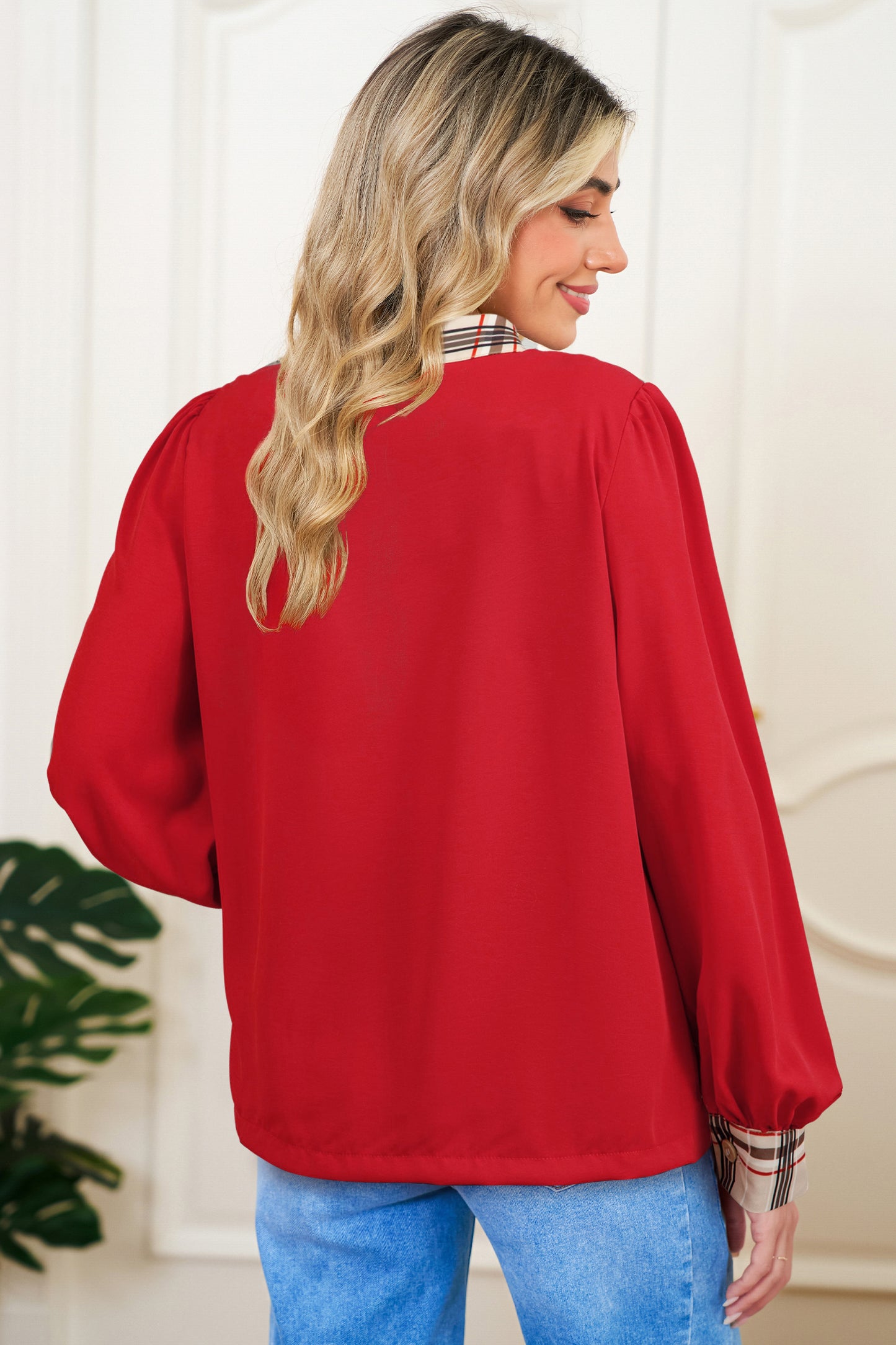 Racing Red Contrast Plaid Patchwork V Neck Long Sleeve Blouse