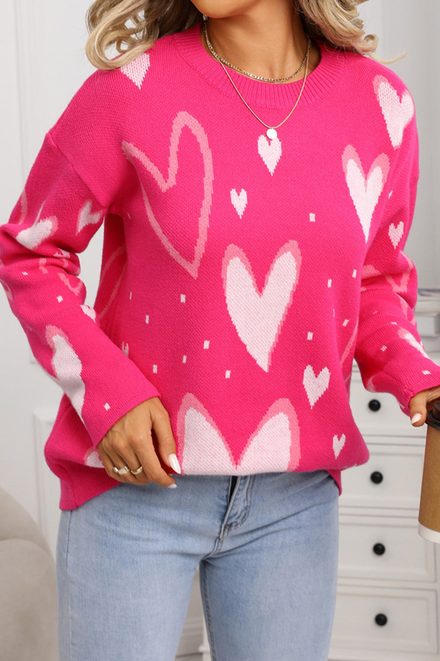 Rose Red Splendid Heart Print Sweater