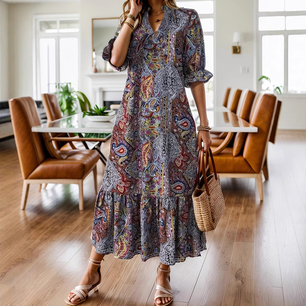 Women's Clothing Printed V-neck Plus Size Dress