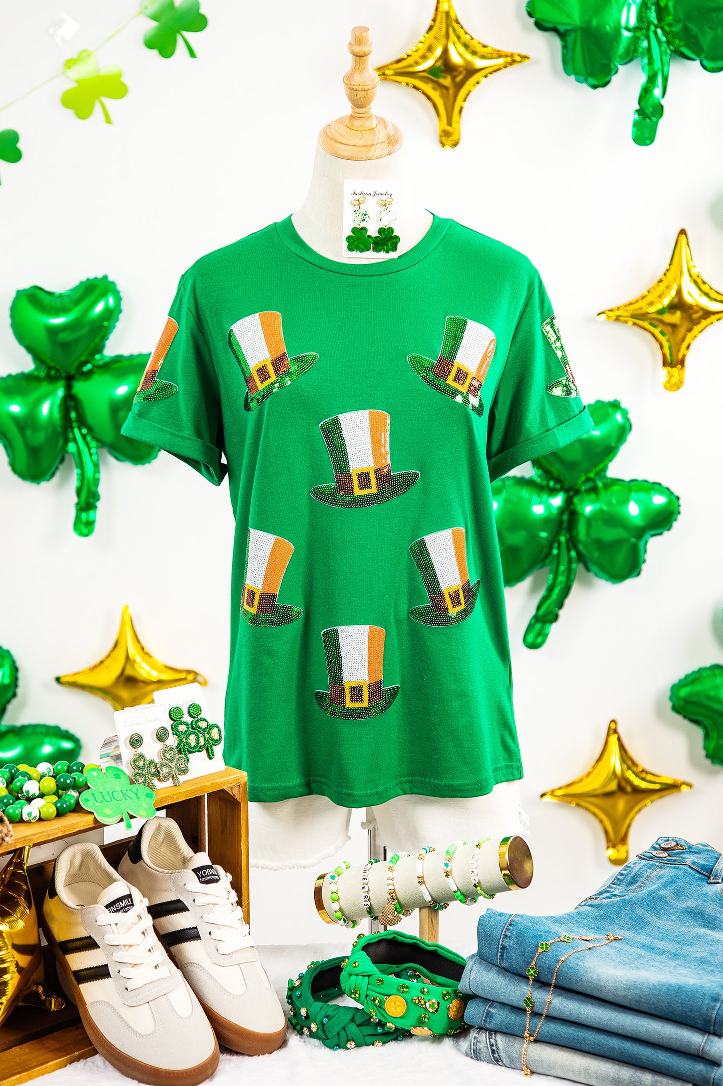 Bright Green Sequin St Patricks Day Hat Relaxed T Shirt