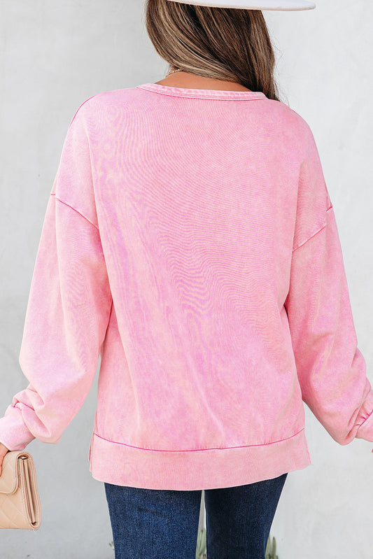 Bright Pink Mineral Wash Big Bow Patchwork Pullover Sweatshirt