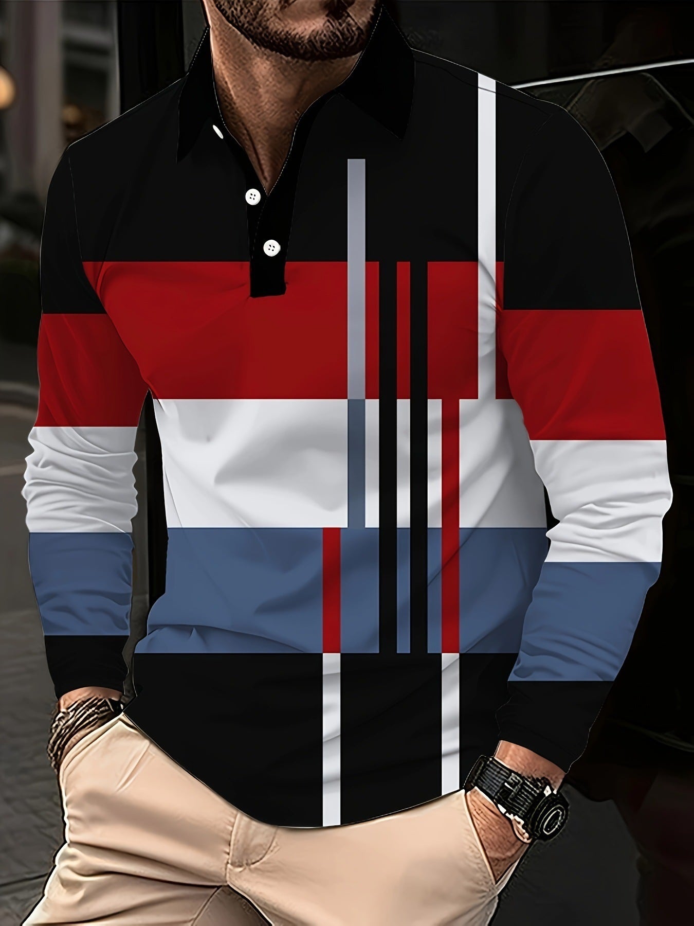 Men's Button Casual Slim Lapel 3D Printed Long Sleeve