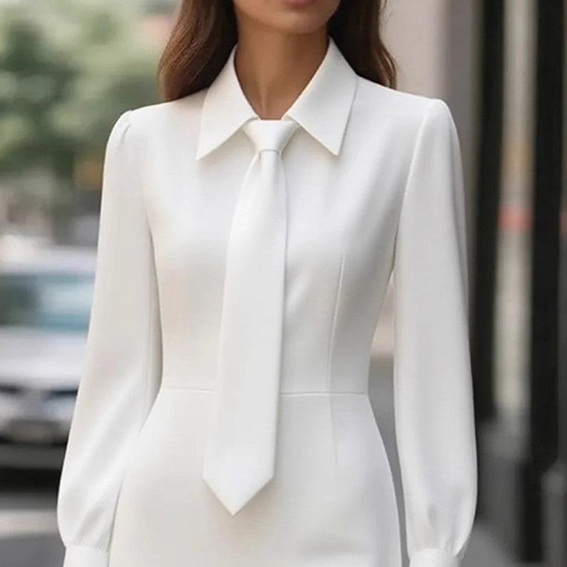 Women's Elegant Solid Color Belted Tie-Neck Office & Formal Occasions, Long Sleeve Spring Summer Midi Dress