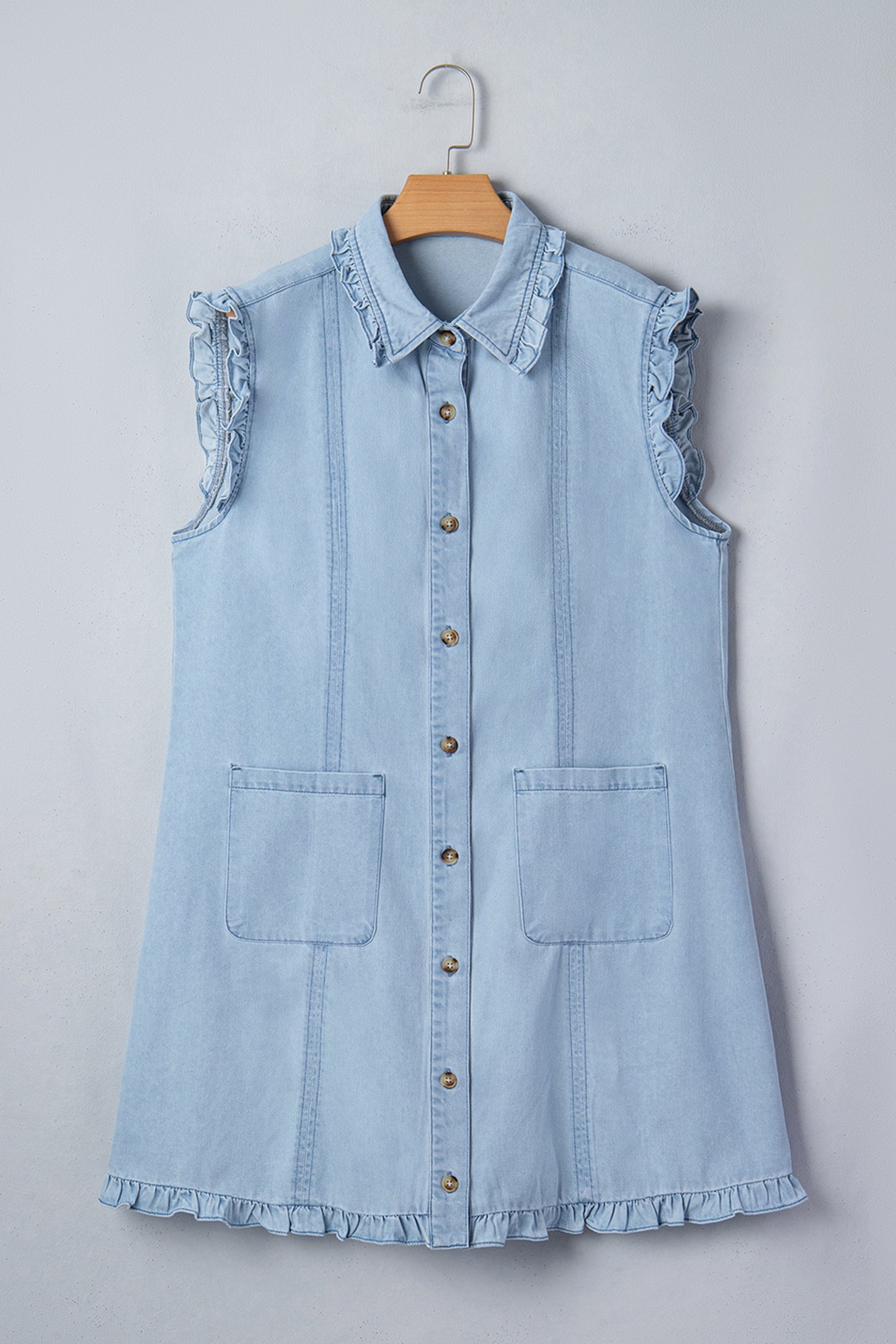 Beau Blue Ruffled Edge Collared Shift Denim Dress with Pockets