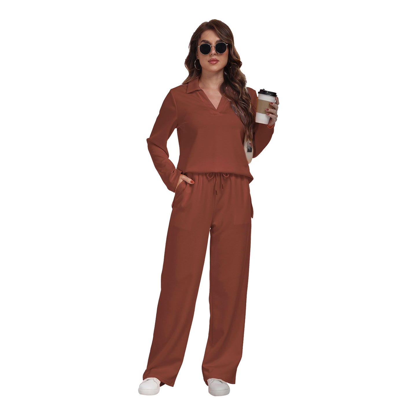 RONGTAI 2 Piece Outfits Sweatsuit For Women Casual Long Sleeve V Neck Pullover Tracksuit Solid Soft Comfy Tracksuits Set