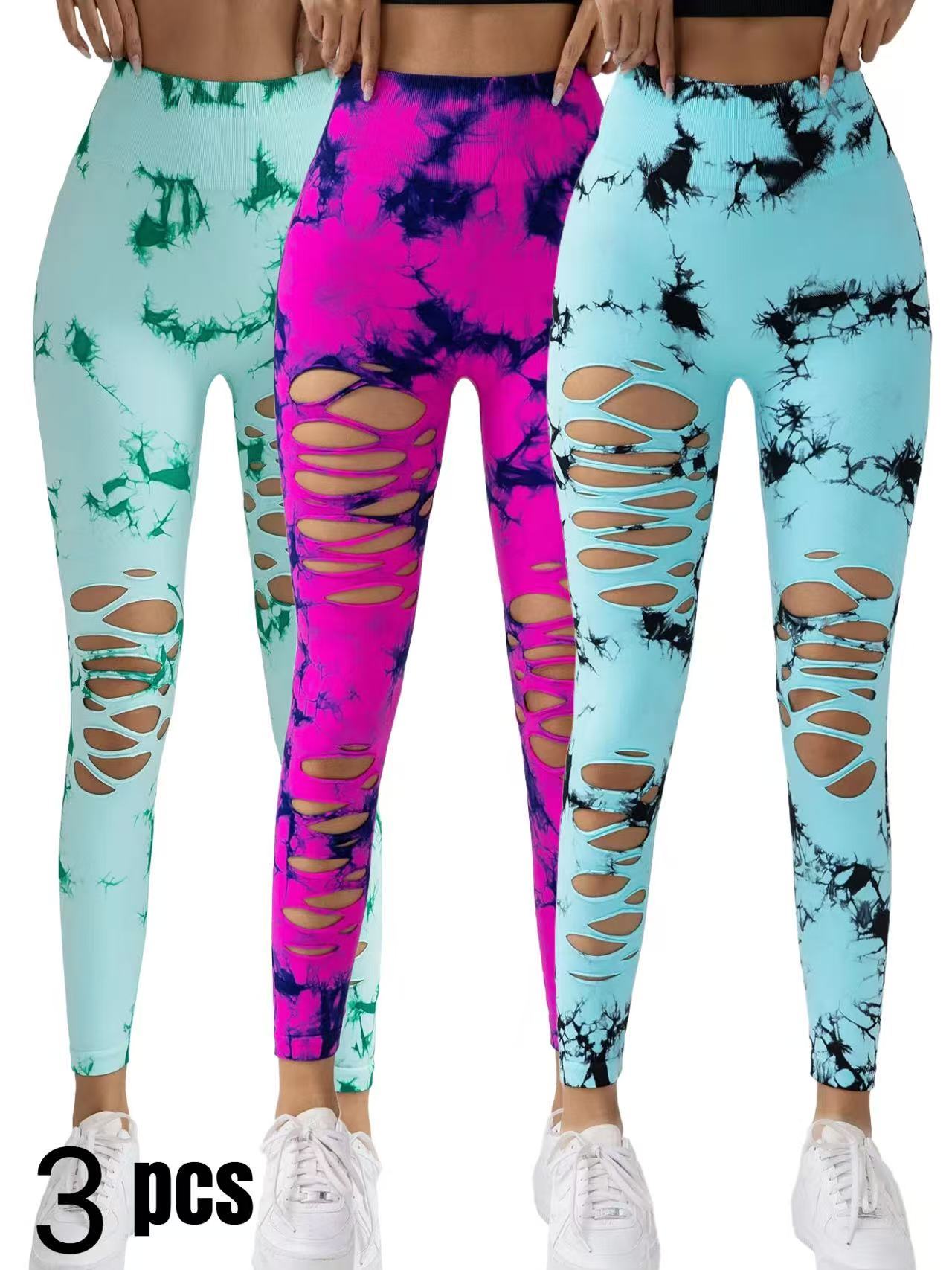 3 Pack New Style Hollow-Out Tie-Dye High-Waisted Tummy-Control Yoga Pants