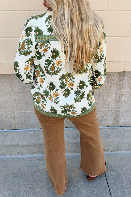 Green Plus Size Floral Printed Contrast Patchwork Detail Tassel Tie 3/4 Sleeve Blouse