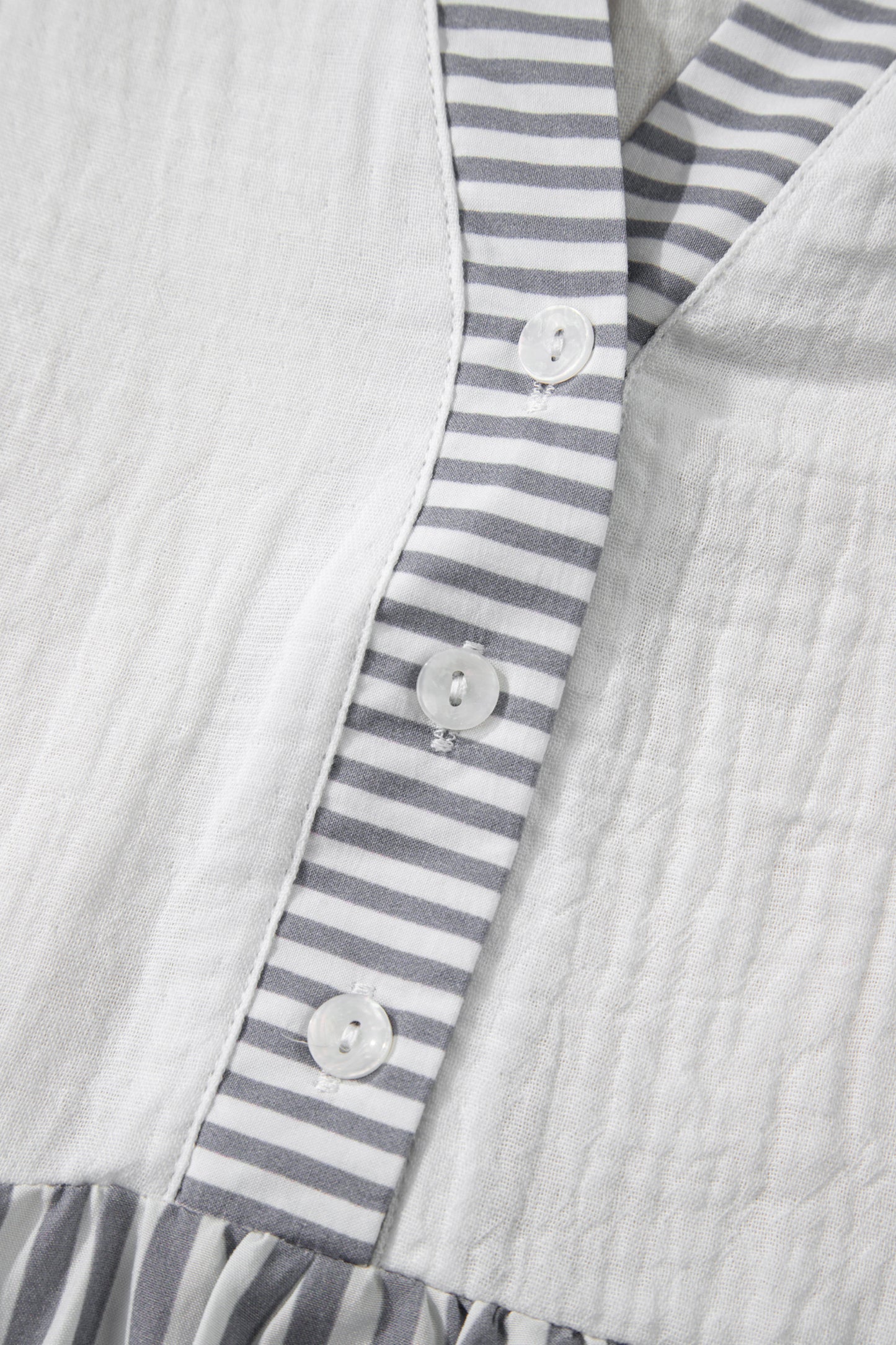 Gray Stripe Half Button Gauze Patchwork Bracelet Sleeve Babydoll Blouse