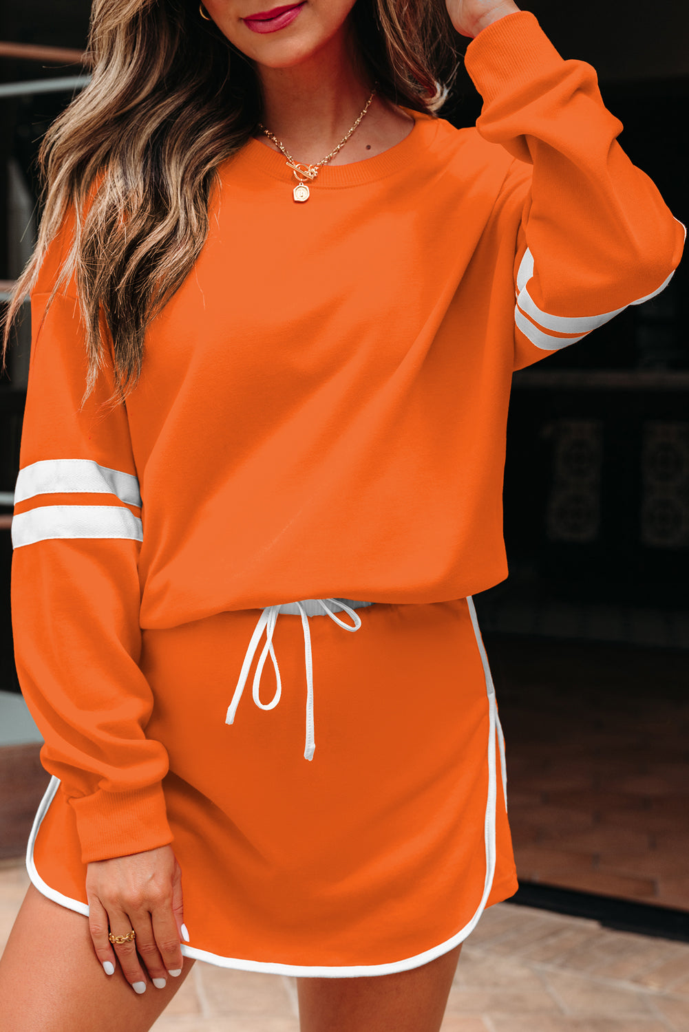 Orange Varsity Stripe Detail Drop Shoulder Pullover Mini Skort Set