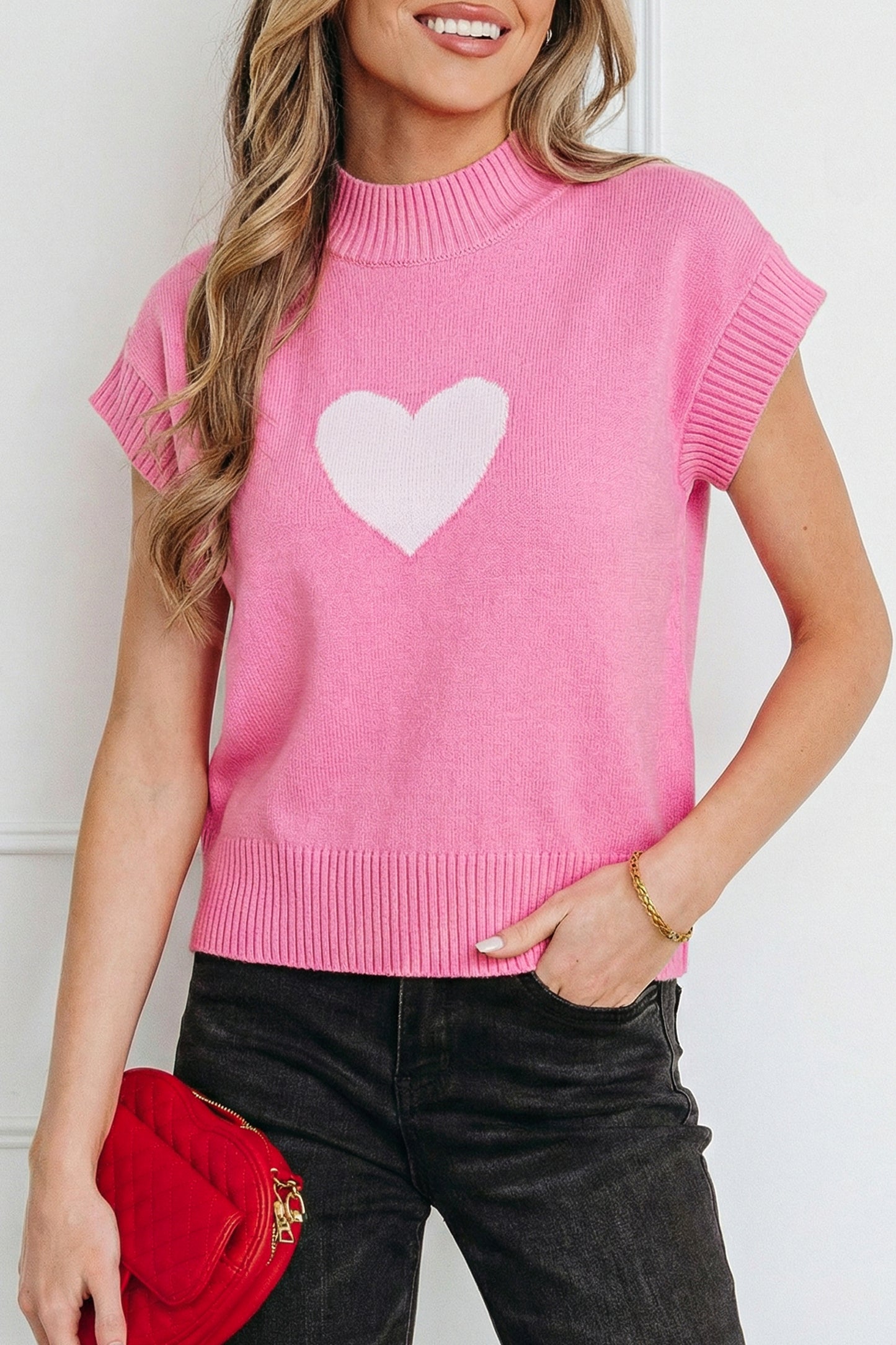Pink Valentine Heart Graphic Cropped Short Sleeve Sweater