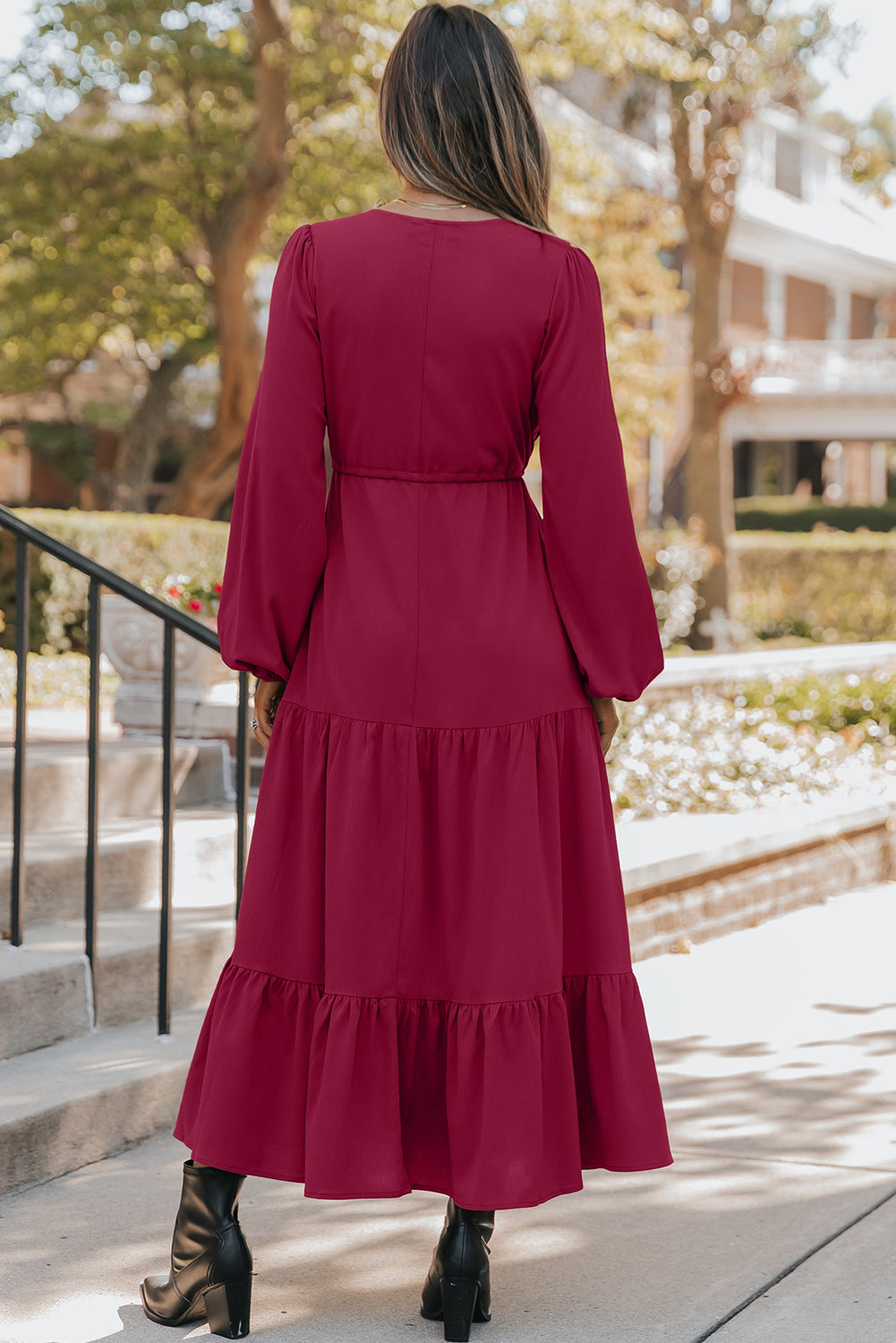 Burgundy Solid Long Sleeve Button V Neck Tiered Maxi Dress