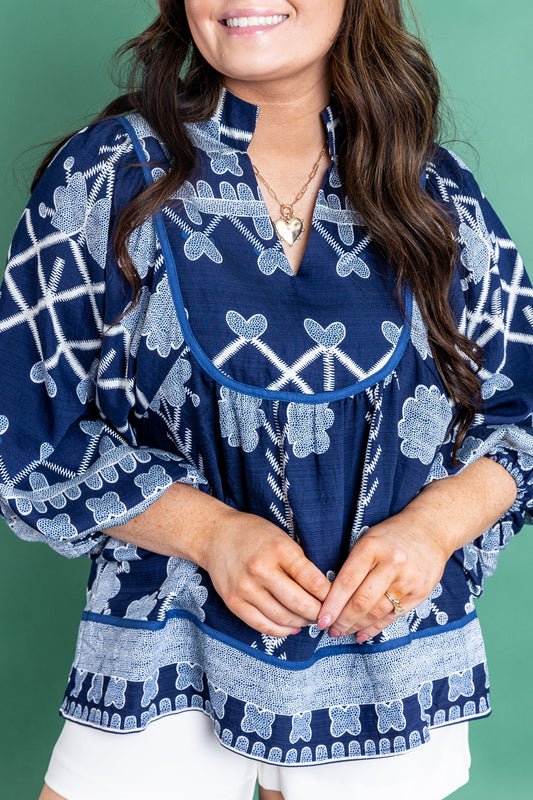 Blue Plus Size Floral Printed Notched Neck Long Sleeve Blouse