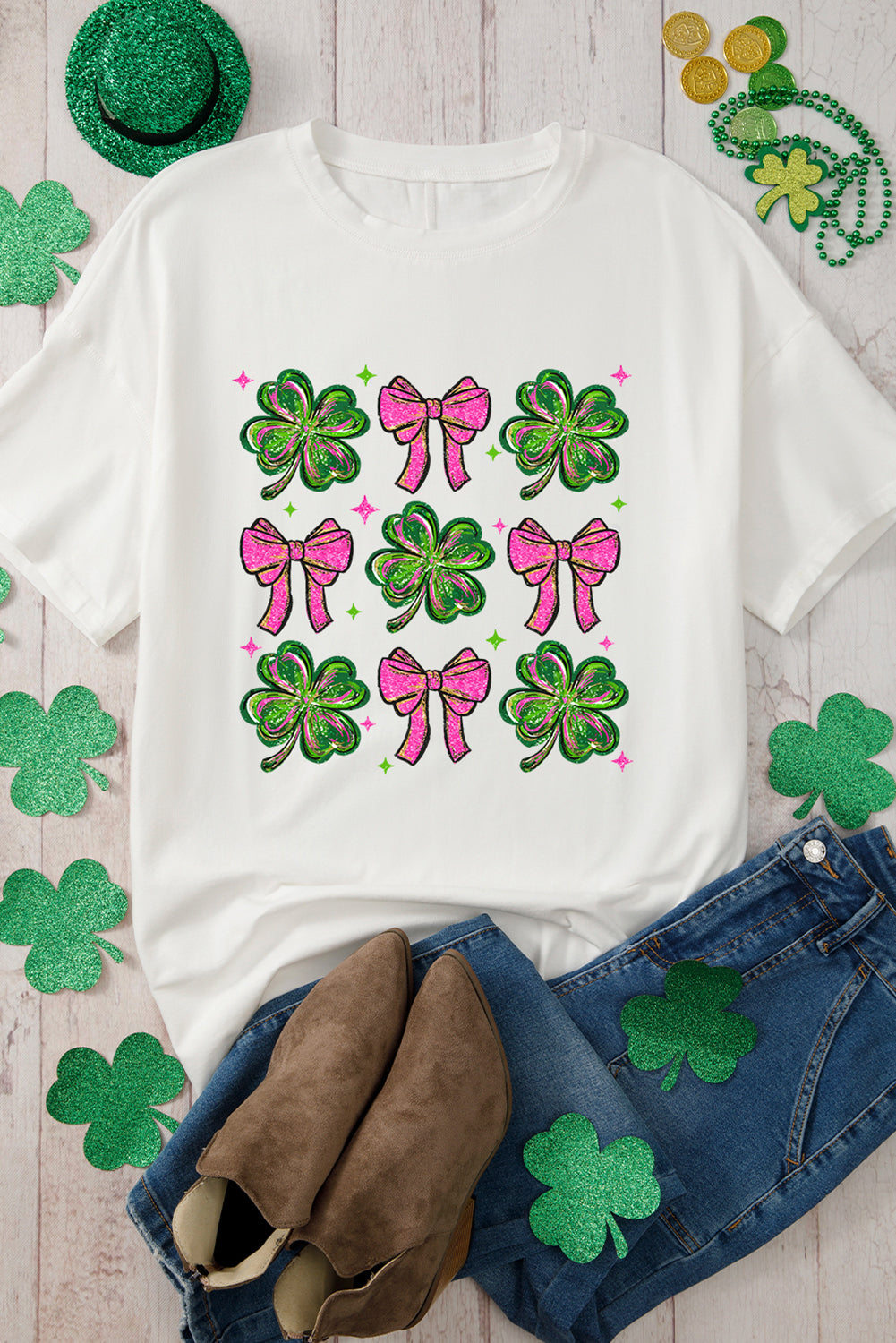 White St Patrick Shamrock Bowknot Printed Crewneck Tee
