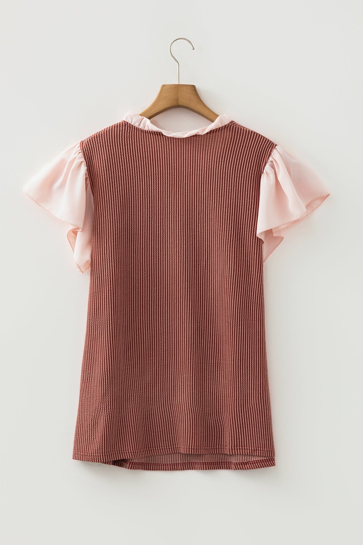 Black Plus Size Contrast Frilled Neckline Ruffled Short Sleeve Ribbed Textured Blouse