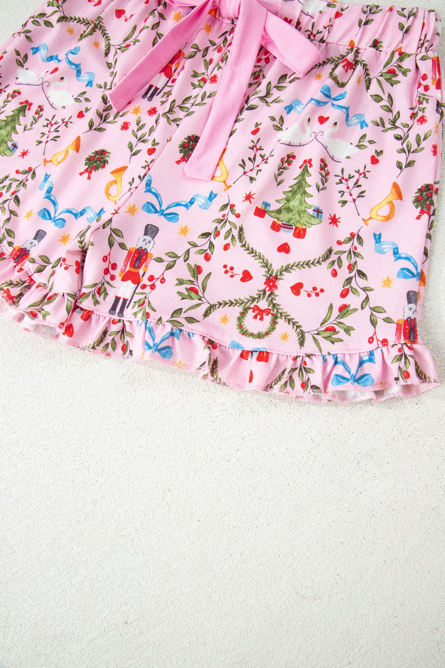 Pink Nutcracker Doll Christmas Print Ribbon Tie Waist Short 2pcs Pajama Set