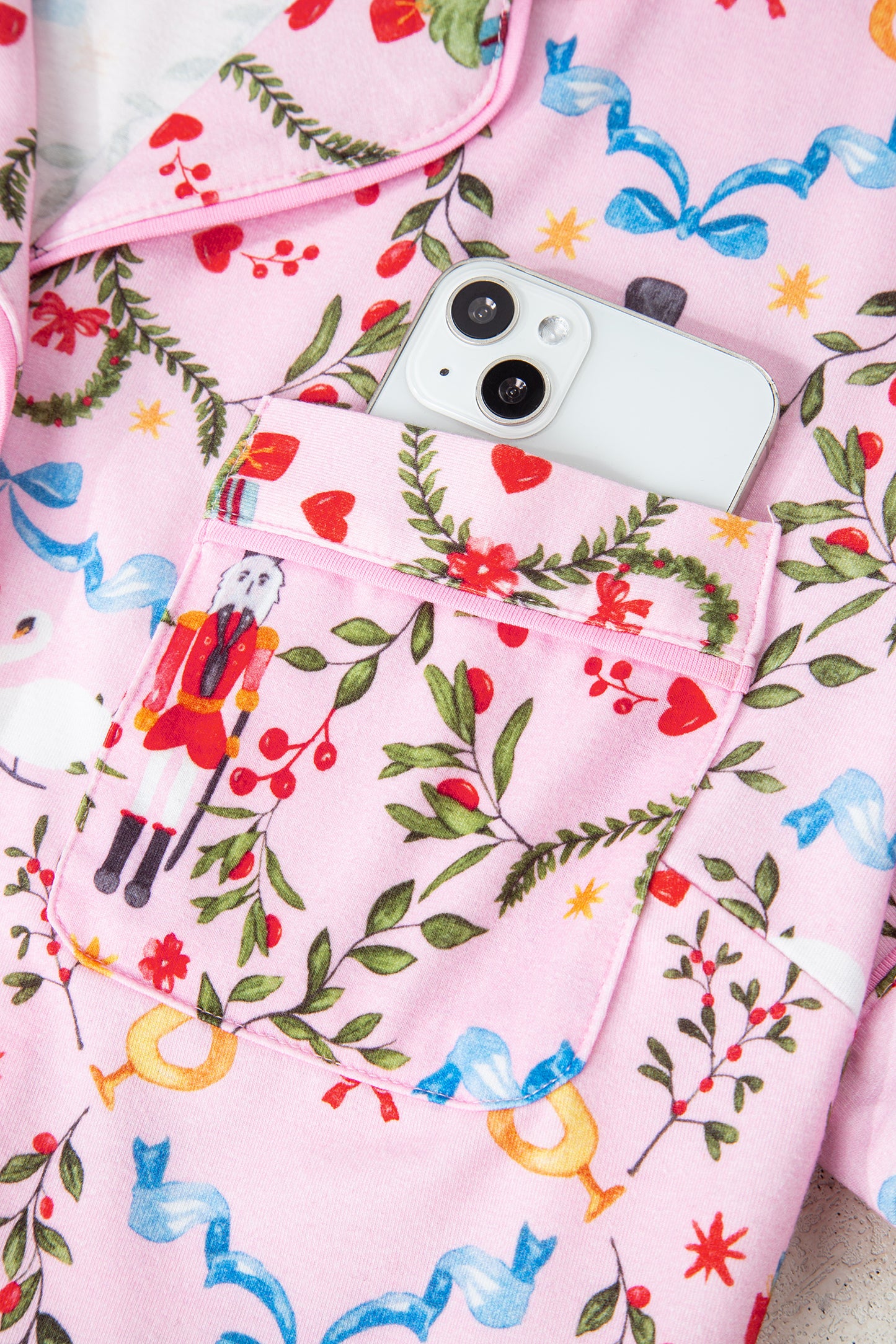 Pink Nutcracker Doll Christmas Print Ribbon Tie Waist Short 2pcs Pajama Set