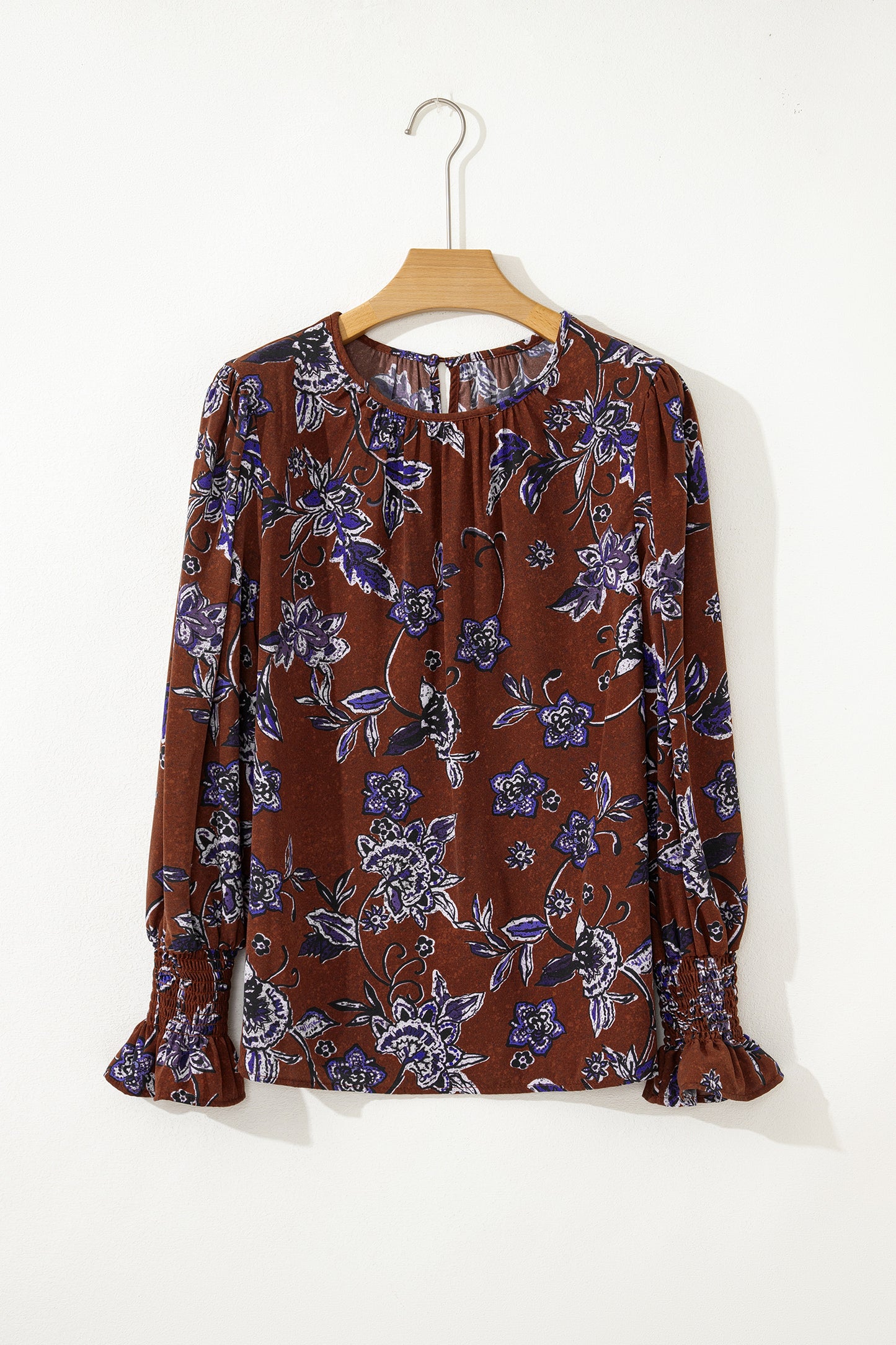 Brown Autumn Floral Print Smocked Cuffs Shift Blouse