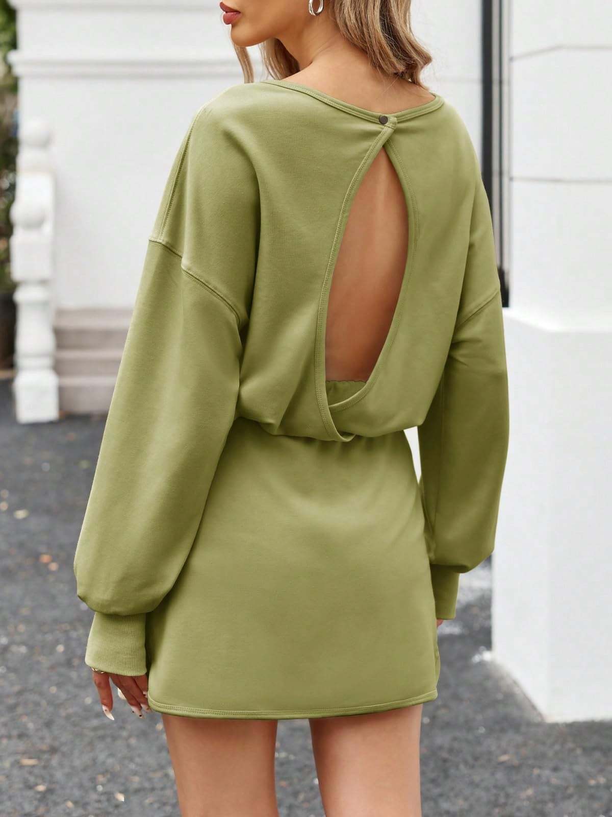 Fisoew Womens Long Sleeve Athletic Dress Backless Keyhole Built-in Shorts Oversized Workout Active Dresses