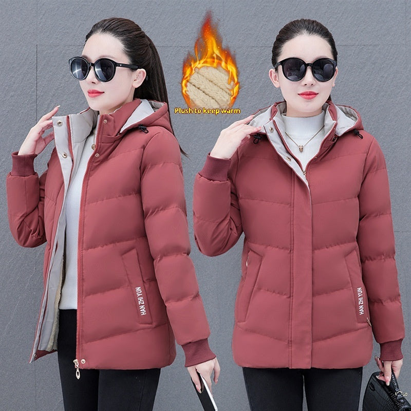 Winter Fleece-lined Thick Middle-aged Mom's Lamb Fleece Hooded Down Cotton Coat For Women