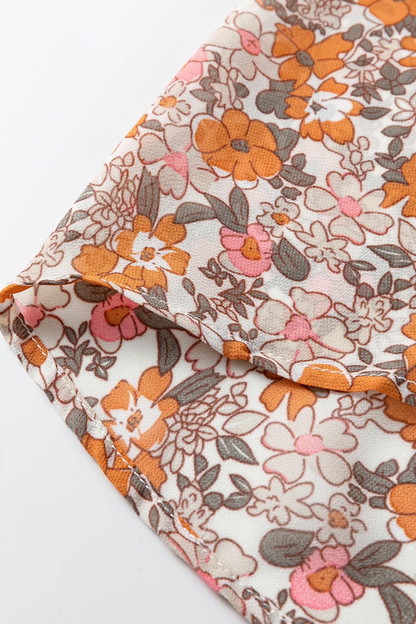 Orange Bohemian Floral Puff Sleeve Full Button Shirt