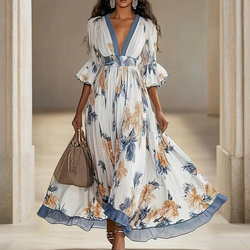 Women's Floral Print Maxi Dress With Deep V-Neck & Flare Sleeves, Elegant Flowy Wedding Guest Party Evening Dress