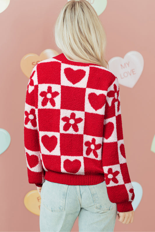 Fiery Red V Neck Flower Heart Detail Checkered Knit Loose Sweater