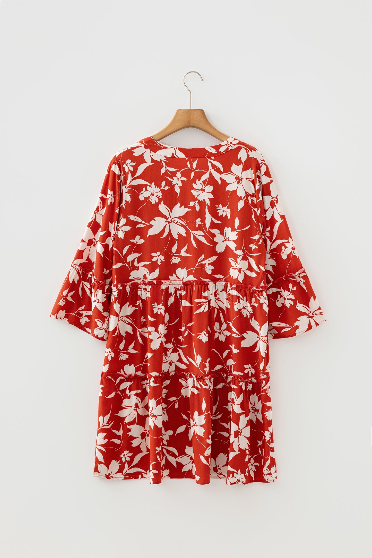 Red Boho Floral Print Lettuce Trim 3/4 Sleeve Mini Dress