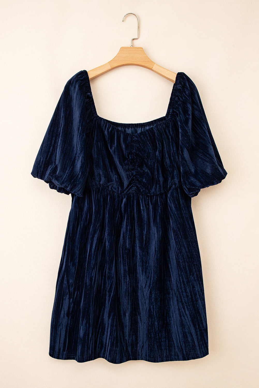 Navy Blue Velvet Ruched Bust Square Neck Short Puff Sleeve Plus Dress