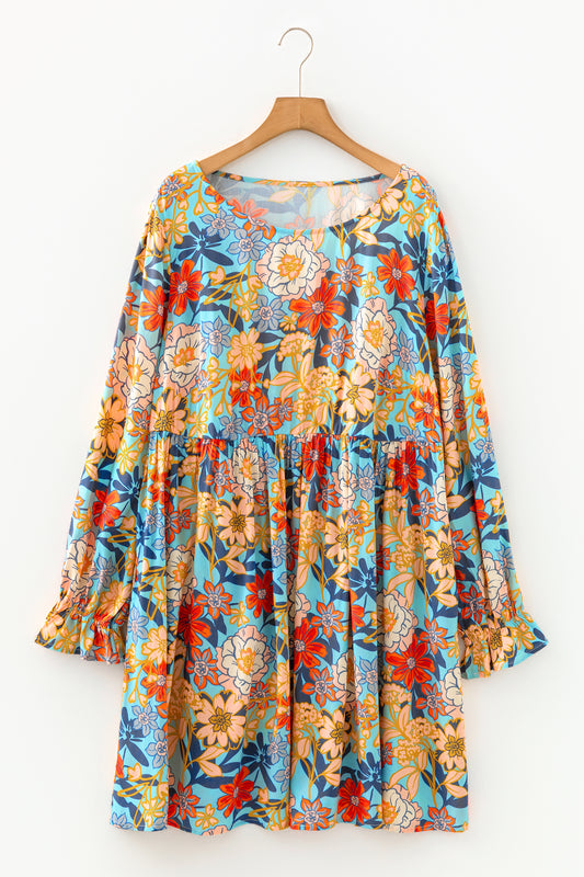 Blue Plus Size Floral Ruffled Long Sleeve Flowy Mini Dress