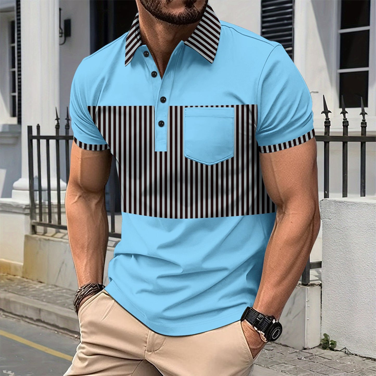 Men's Casual Placket Polo Collar Stripes Color Matching Stitching T-shirt