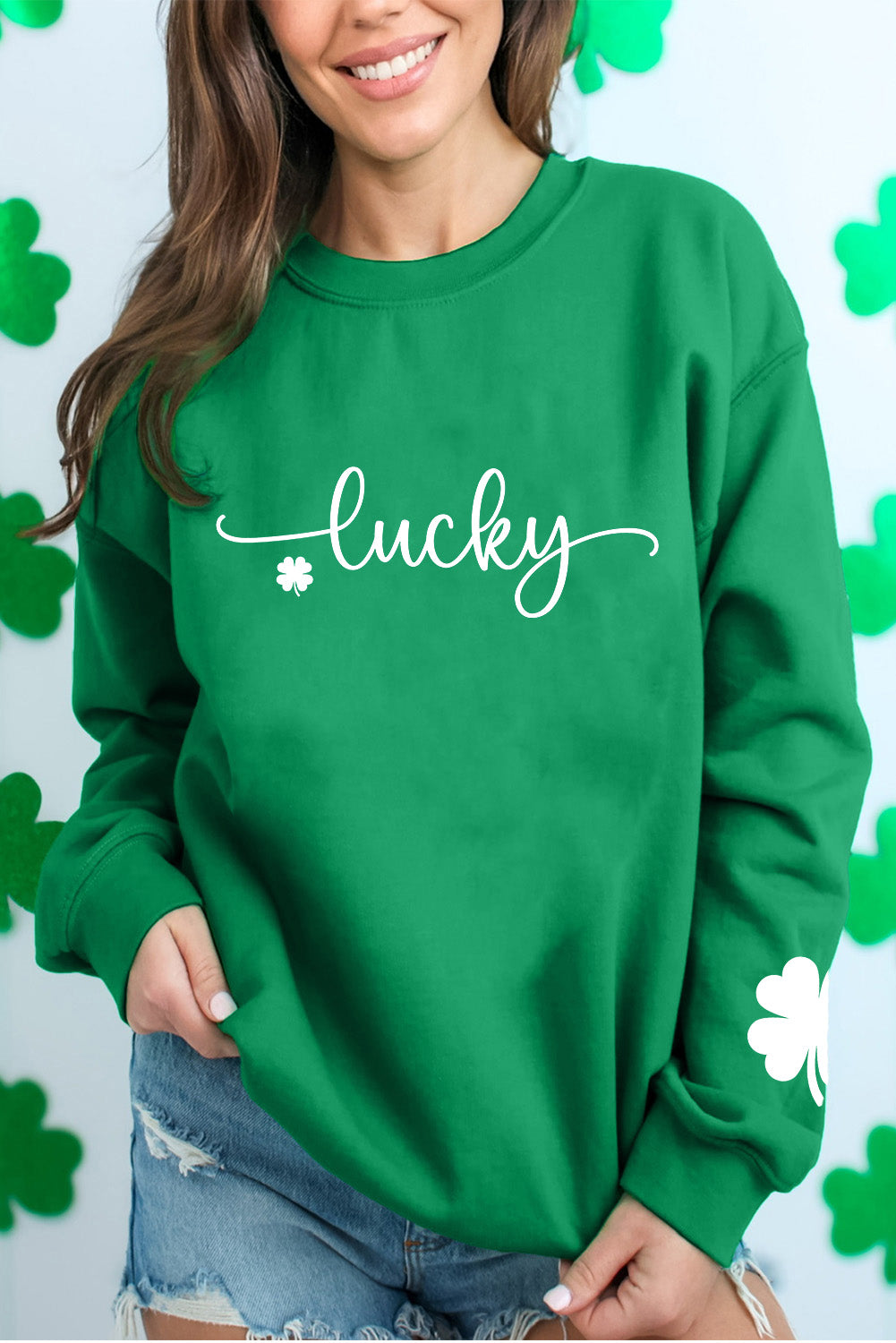 Dark Green Lucky Four Leaf Clover Graphic St Patricks Pullover Sweatshirt