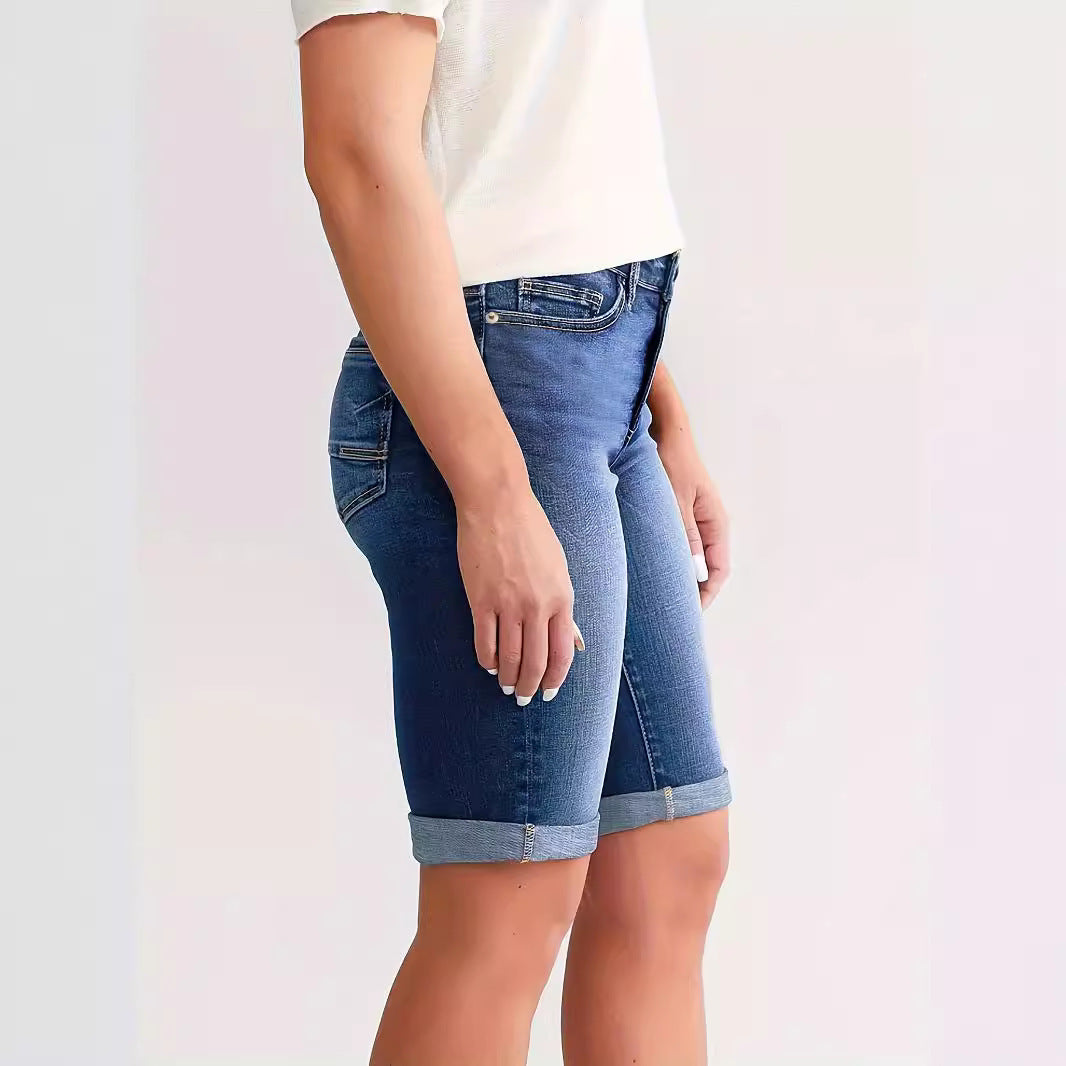 New Women's Slim Fit All-match Foot Button Denim Shorts