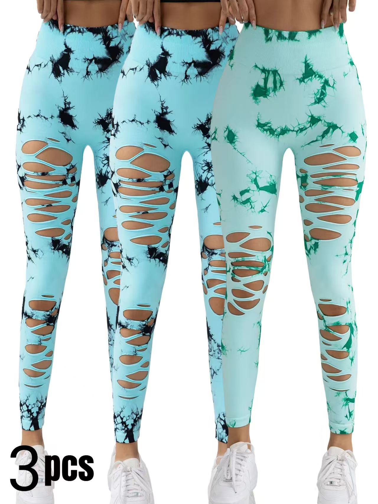 3 Pack New Style Hollow-Out Tie-Dye High-Waisted Tummy-Control Yoga Pants