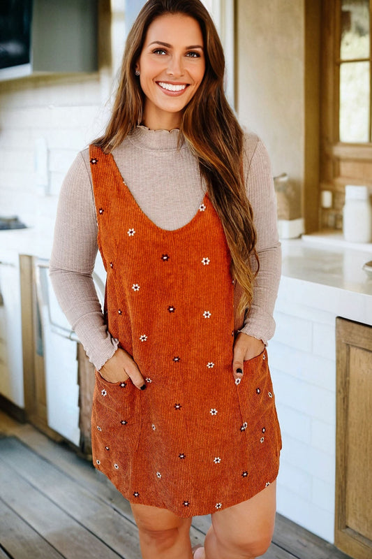 Gold Flame Flower Embroidered Corduroy Overall Mini Dress