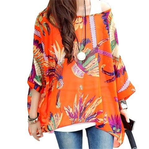Fashion Pavilion Plus Size Women's Bohemian Chiffon Shirt Seaside Holiday Sun Protection Clothing Bikini Blouse