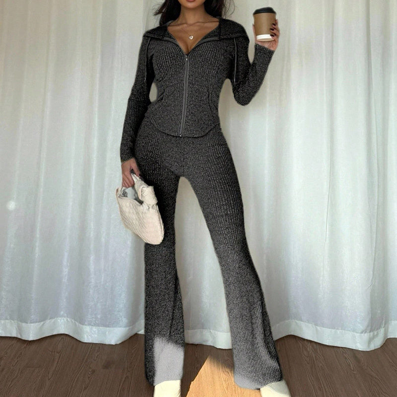 Women's Solid Color 2-Piece Set Hooded Belted Jacket With Pockets & Flare Leg Pant Suit For Spring And Fall